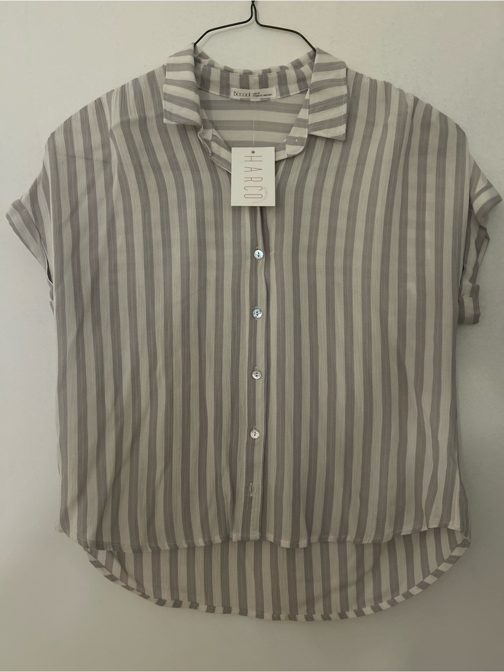 Beige & White Striped Button-Up Top